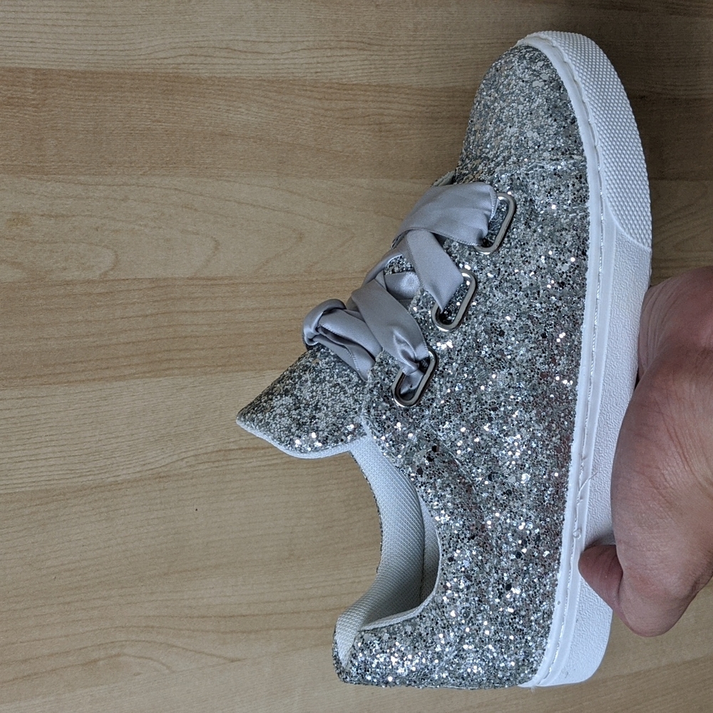 Women wedding Robin ribbon lace up glitter sneakers shiny shoes silver